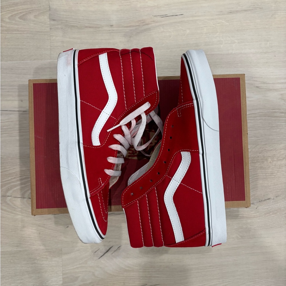 Red and White High-Top Vans